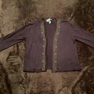 Brown rayon sweater cardigan with design. Petite large size. Waist length